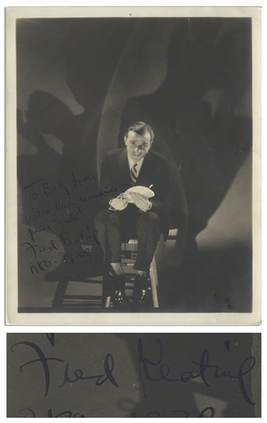 Magician Fred Keating Signed 8'' x 10'' Matte Photo, Inscribed to Moe's Daughter -- Also With Moe's Newspaper Clipping From 1932 of Howard, Fine & Howard Co-Headlining With Fred Keating -- Very Good